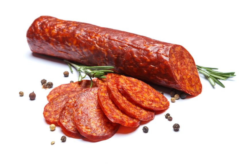 Spanish chorizo sausage isolated on white background