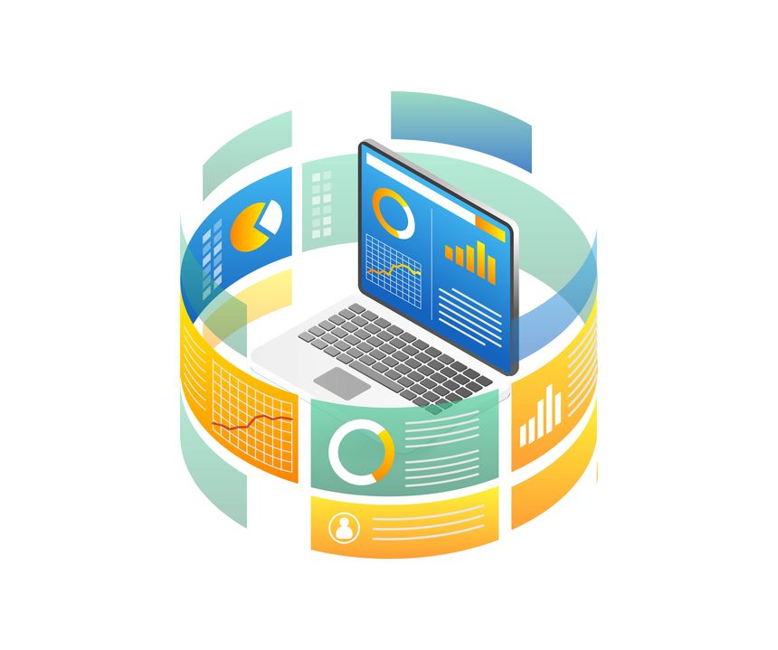 Isometric flat 3d illustration concept of computer data analytics diagram