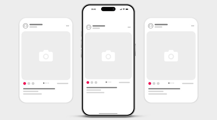 Social media carousel post template mockup. Mobile app interface with blank pictures, editable posts. Scroll frame pages, social media photography.
