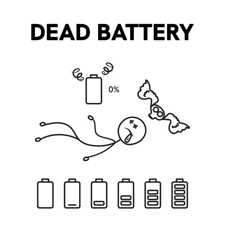A man lies dead next to a dead battery on white background. The concept of running out of energy.