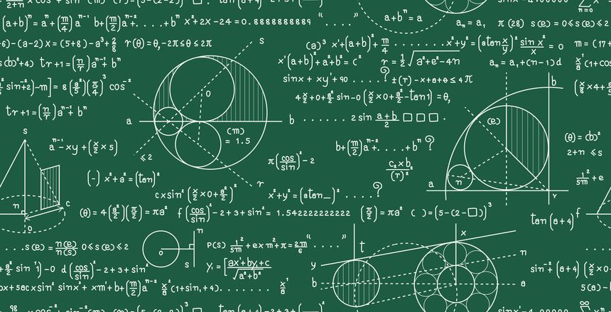 A blackboard with mathematical formulas and seamless curved lines.