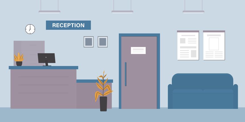 Hospital reception waiting room with seats, door and desk. Empty room without people. Lobby, medical clinic hall interior with furniture. horizontal banner. flat vector illustration