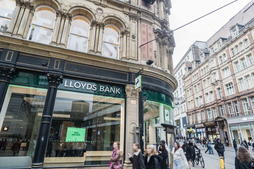Birmingham, England, October 18th 2025. A general view of people walking past a LLoyds Bank branch on the high street.