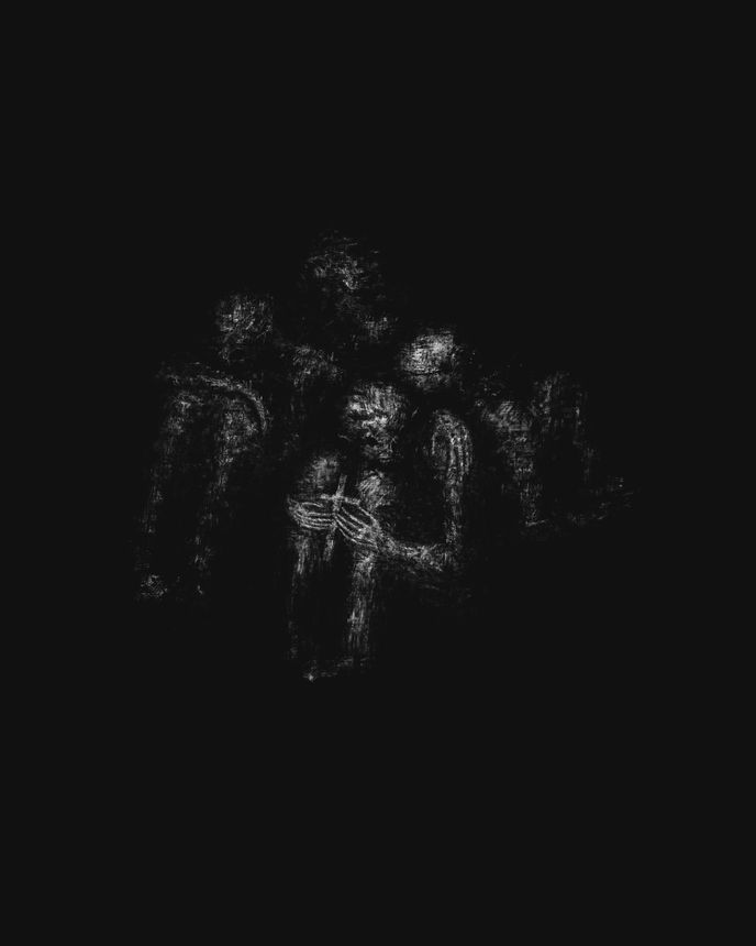 Praying in total darkness, dark horror illustration