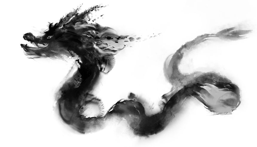 中国风水墨龙 泼墨笔触，一条龙，龙
