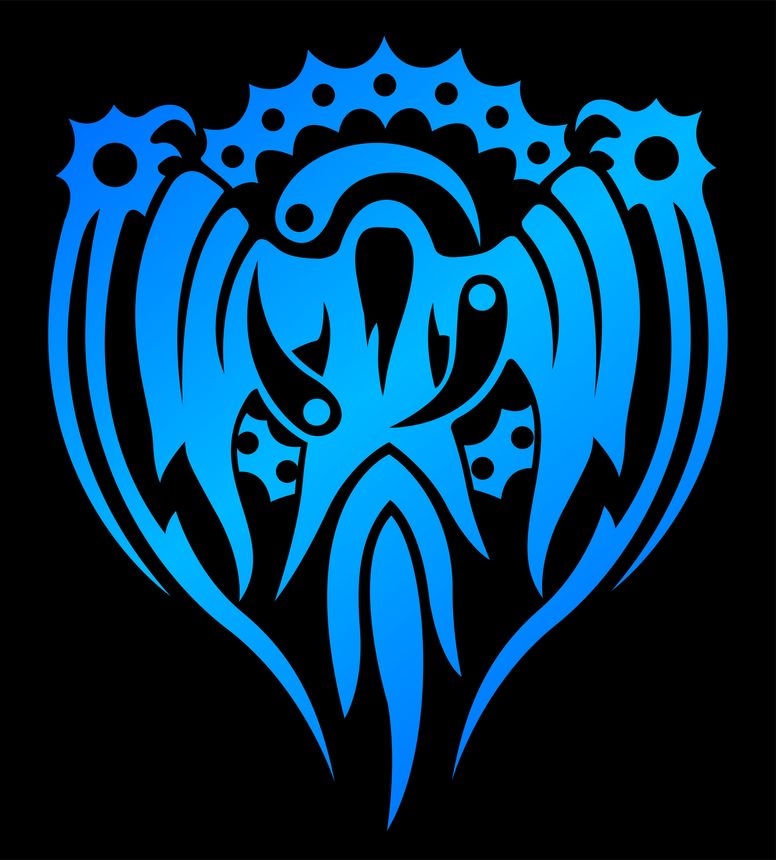 Isolated mystical blue emblem with flying spirit of the dead mage in the circle on black background
