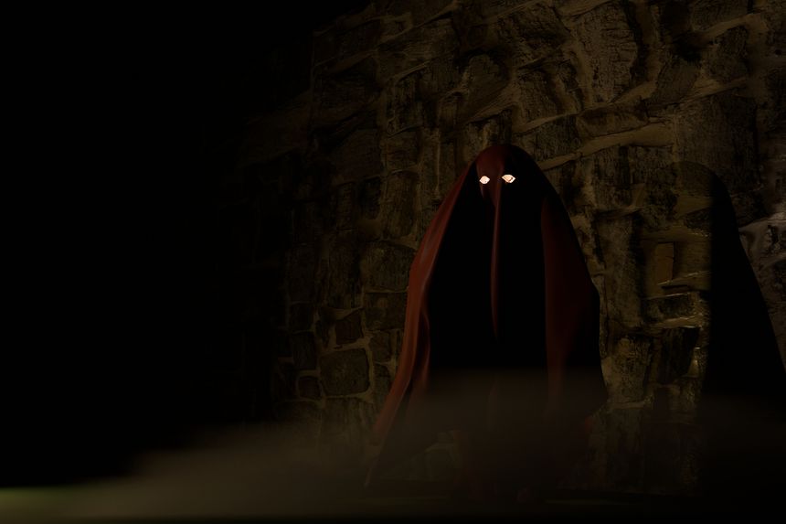 3d render of spooky figure with glowing eyes before stone wall